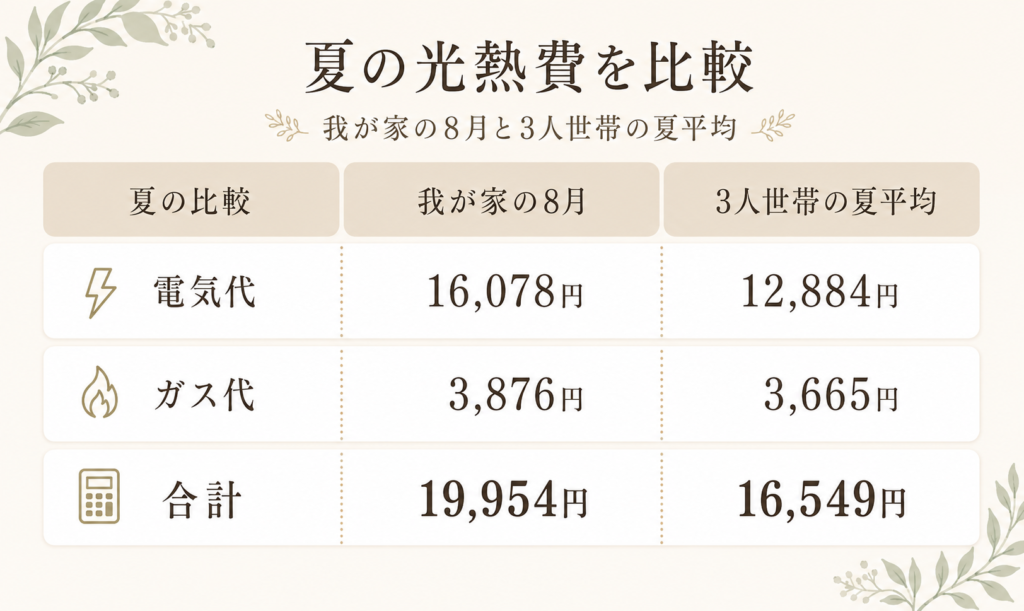 トヨタホーム平屋 全館空調・床暖房・太陽光なしの8月光熱費と全国平均との比較