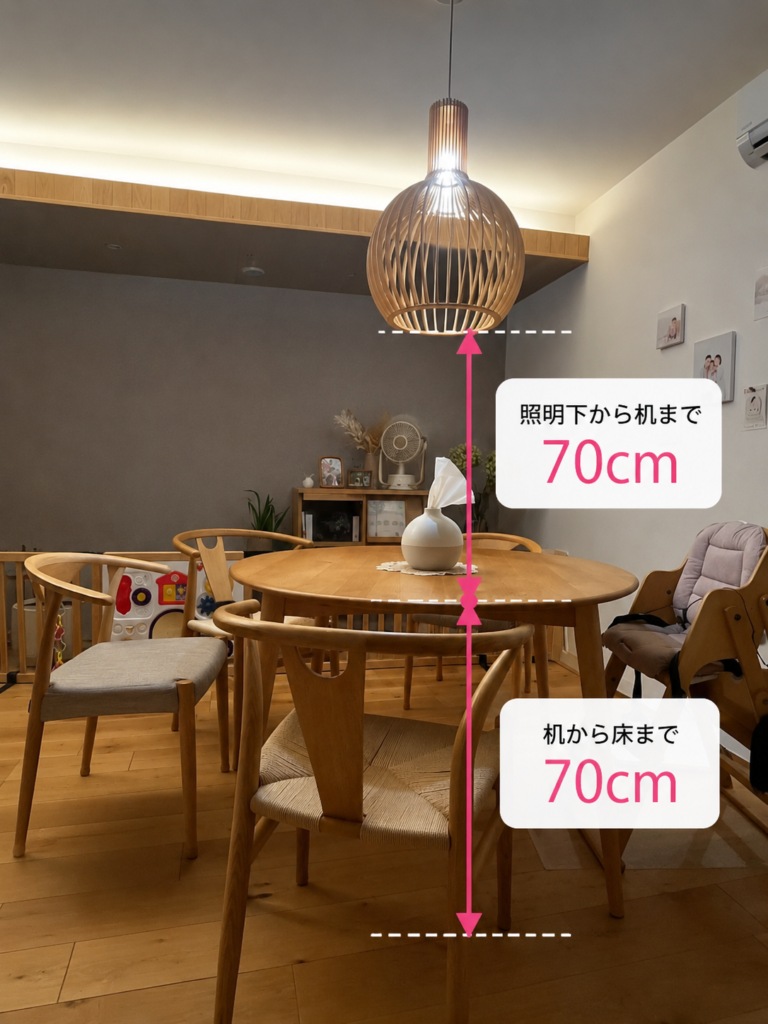 テーブル天板から約70cmの高さに設置したペンダントライト