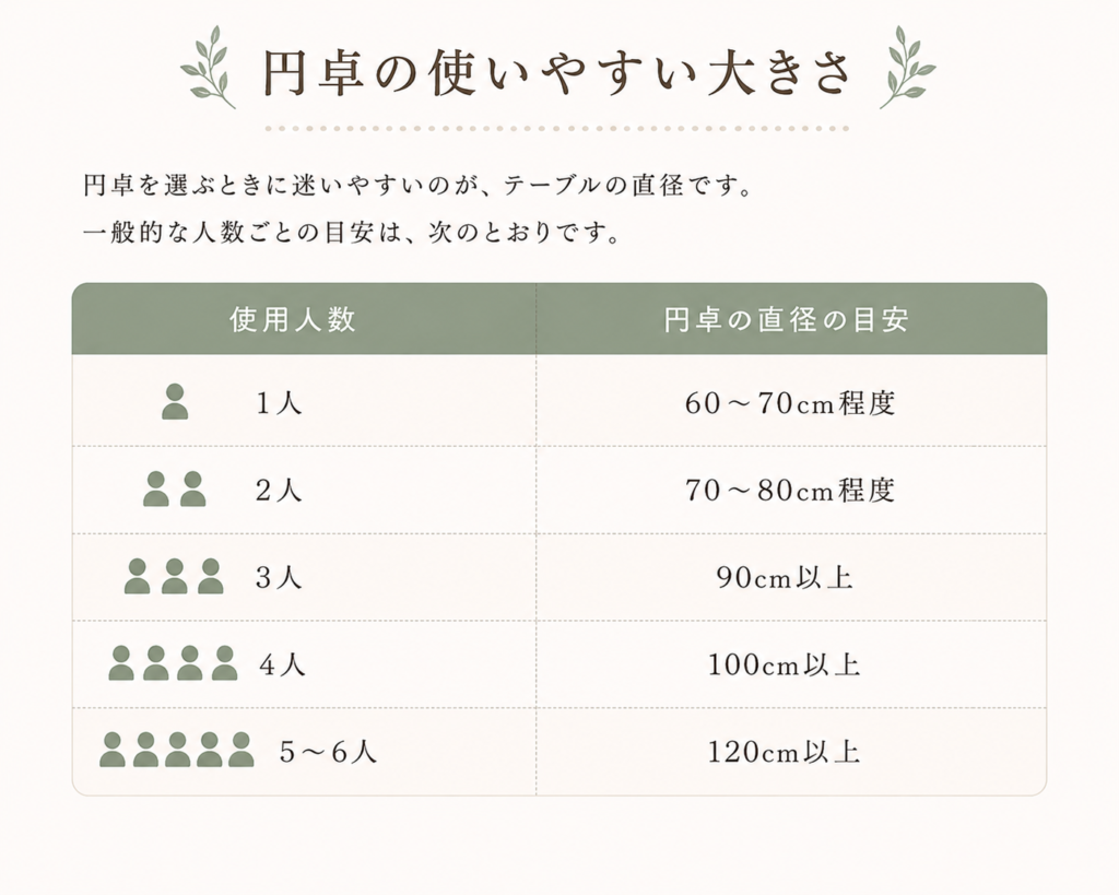 人数別 円卓の使いやすい大きさ一覧