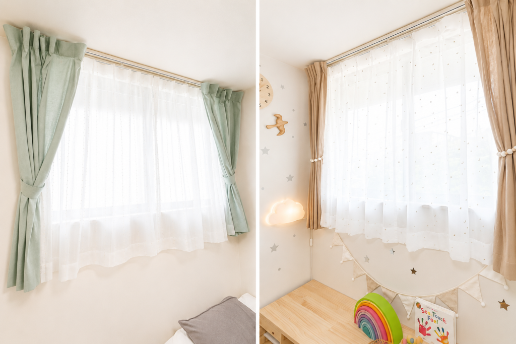4.5畳・4.3畳の子ども部屋に取り付けた淡いベージュ・黄緑色のカーテン