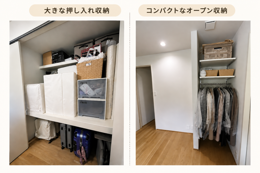 6.5畳寝室に設けた大きな押し入れ収納とコンパクトなオープン収納
