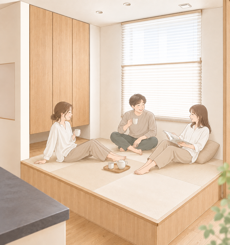 2.6畳の小上がり畳で大人3人がくつろぐ様子を表したAIによる利用イメージ