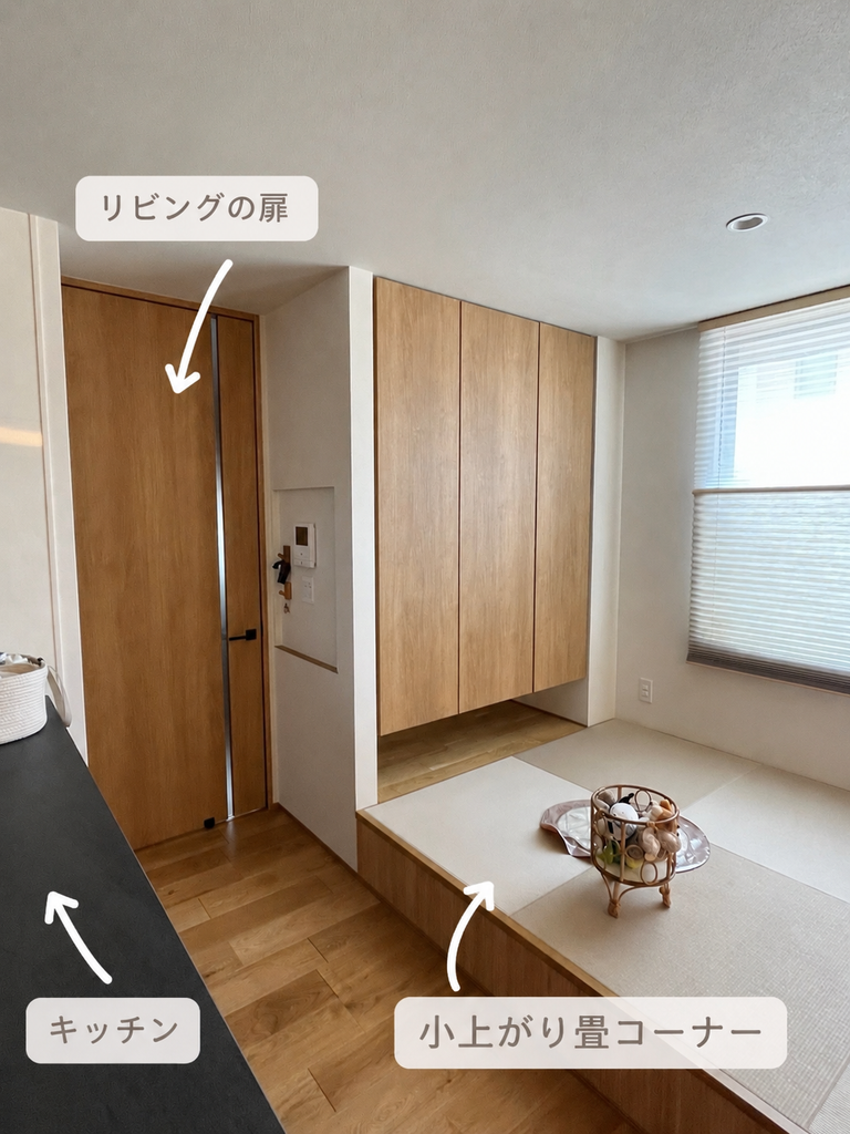 キッチン、リビング入口、小上がり畳の位置関係が分かる30坪平屋のLDK間取り図