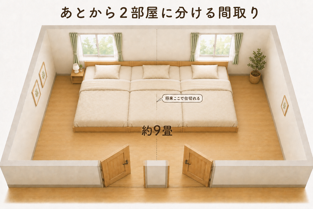 子供部屋を仕切らず、ベッドを並べて家族の寝室として使う約9畳の間取りイラスト