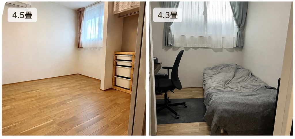 30坪平屋に設けた4.5畳と4.3畳の子供部屋を並べて比較した写真