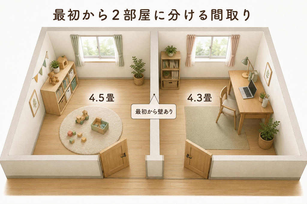 4.5畳のキッズルームと4.3畳の在宅ワークスペースに分けた子供部屋の間取りイラスト