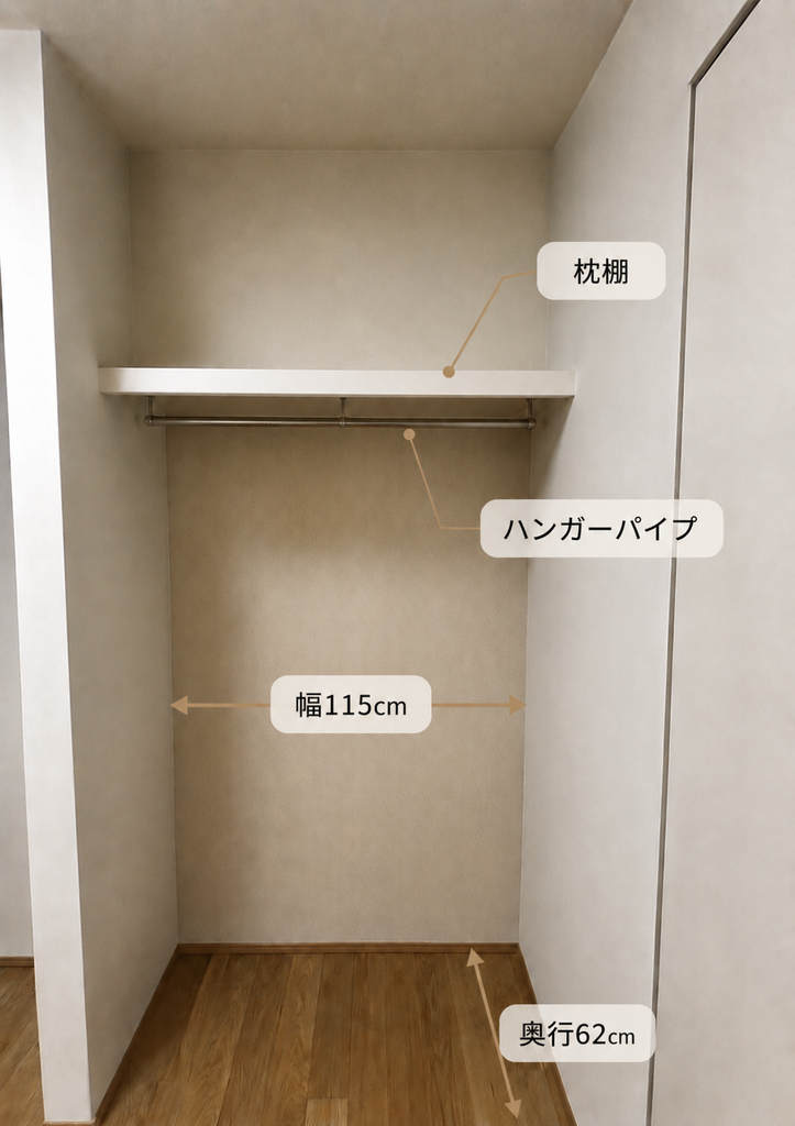 幅115cm奥行62cmの枕棚とハンガーパイプ付きオープン収納