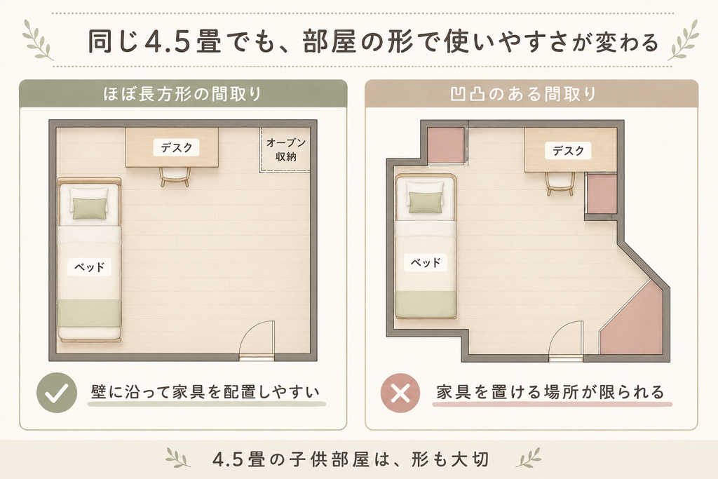 凹凸の少ない長方形に設計した4.5畳の子供部屋の間取り図