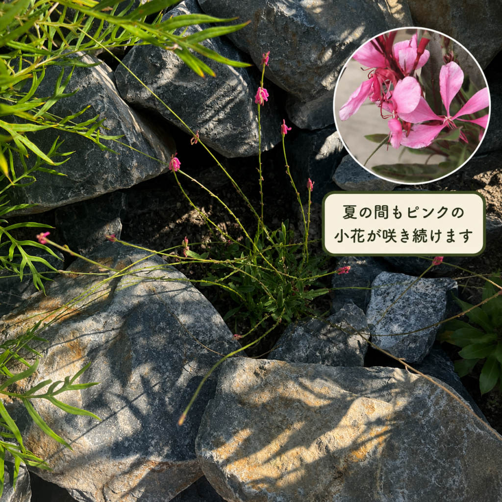 ロックガーデンに植えたガウラの細い茎と葉、ピンク色の花の小写真
