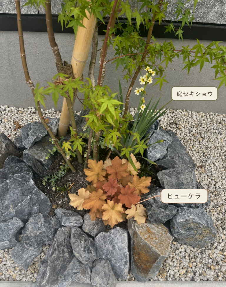モミジの根元に植えたキャラメル色のヒューケラと、細い葉のニワセキショウ