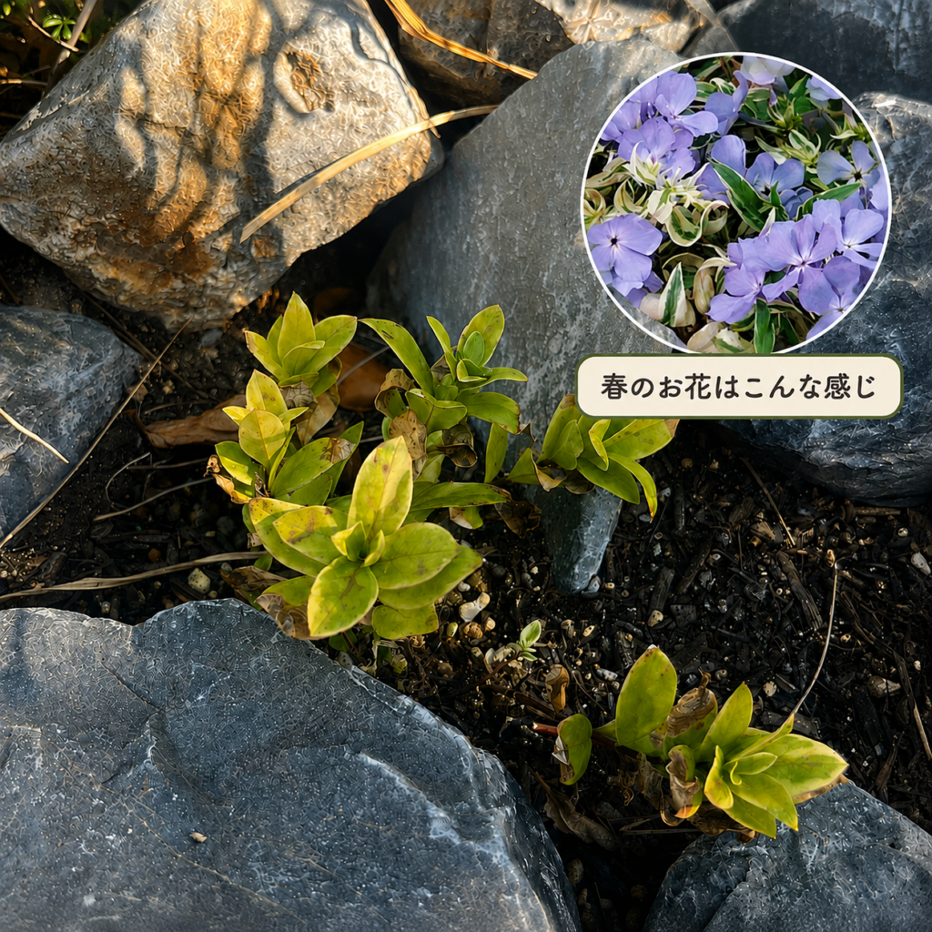 石の間に植えたフロックス・モントローザトリカラーの斑入りの葉と、一部の傷んだ葉