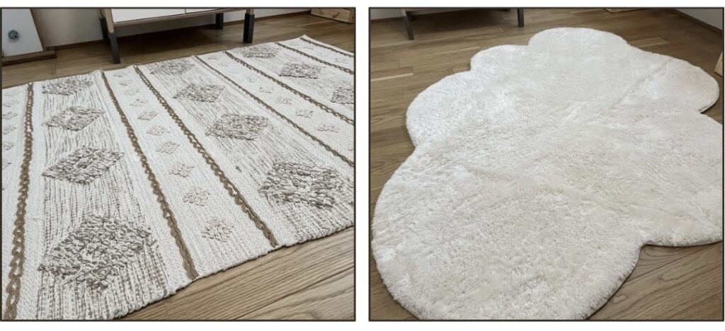 子供部屋に使用しているラグ、綿とジュートのラグと雲形のマイクロファイバーのラグ