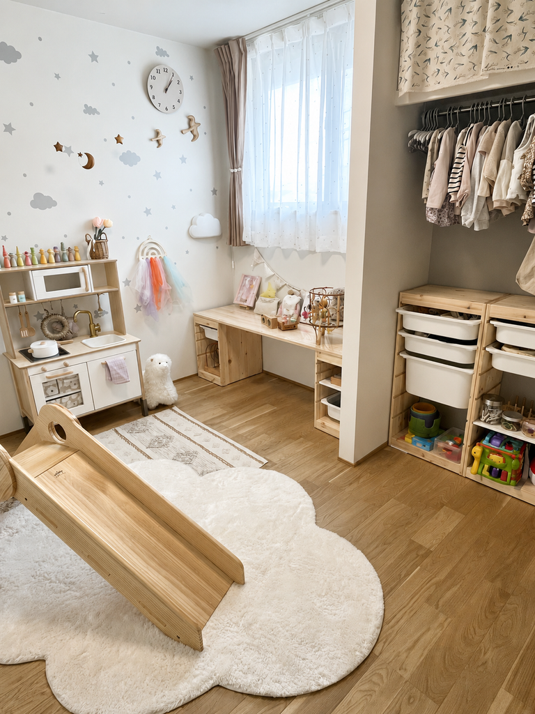 おもちゃ収納や木製家具を置いた4.5畳の子供部屋