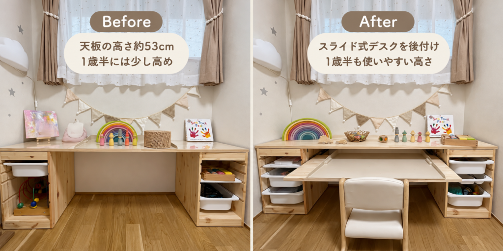 IKEAトロファスト2台に天板を載せたデスクと、1歳半向けのスライド式キッズデスクを後付けしたビフォーアフター