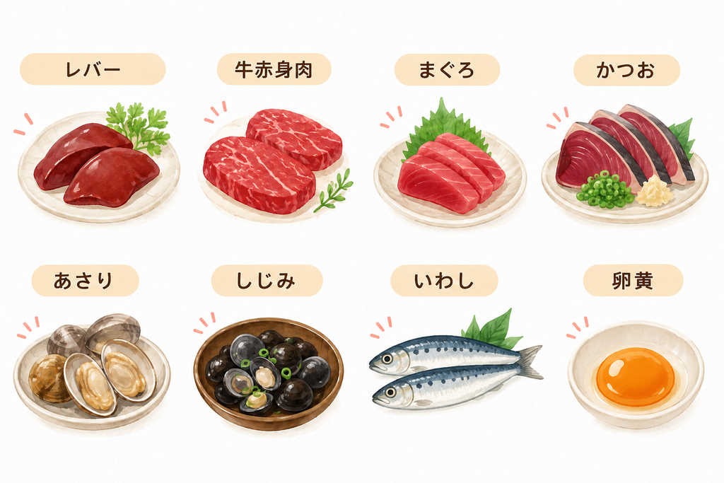 レバー、牛赤身肉、まぐろ、かつお、あさり、しじみ、いわし、卵黄のイラスト