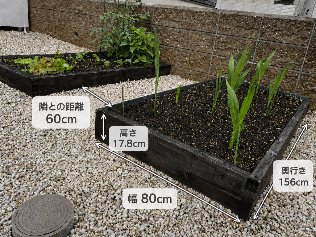 幅80cm・奥行156cm・高さ17.8cm、隣との距離60cmのレイズドベッド
