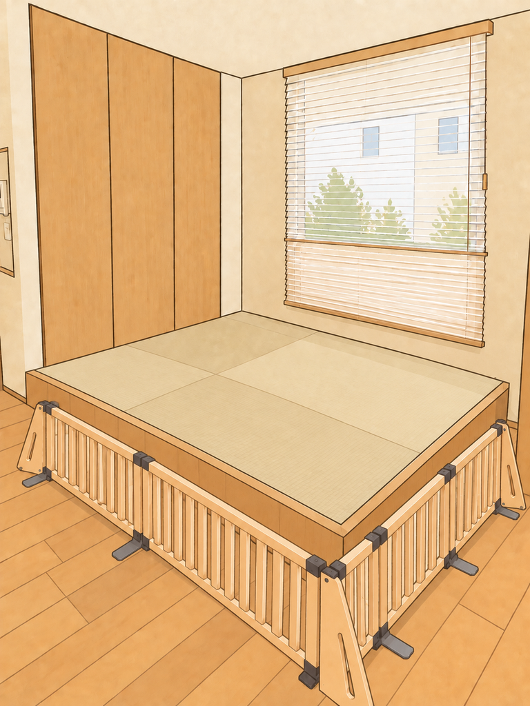 小上がり畳の手前と右側に、リビングの床から木製パーテーションを置いたイラスト。脚が小上がりの段差に当たり、柵と段差の間にすき間ができている。