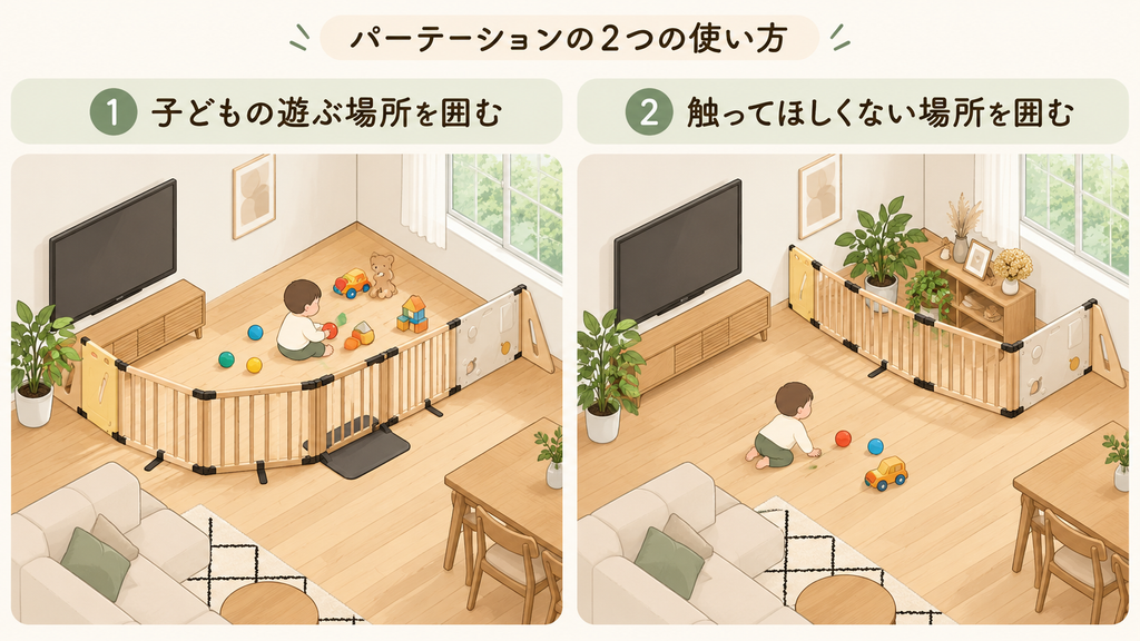 木製パーテーションの2通りの使い方を示したイラスト。左は壁と組み合わせて子どもの遊ぶ場所を囲み、右は観葉植物と飾り棚を囲んでいる。