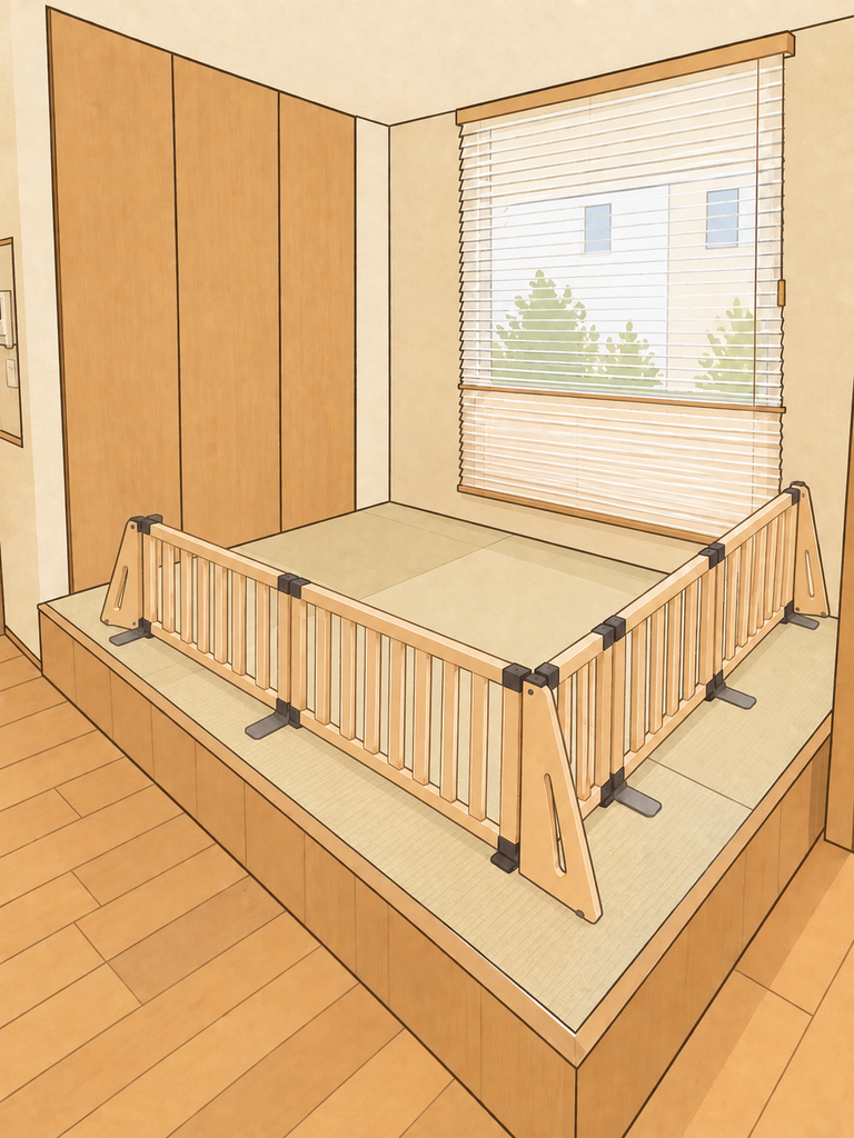 小上がり畳の手前と右側に木製パーテーションを置いたイラスト。窓側と左奥は壁で、パーテーションは畳の端に近い位置にある。