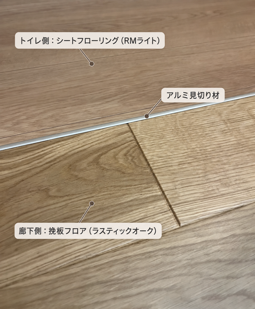 上側のトイレの木目調床材RMライトと下側の廊下の挽板フロア ラスティックオークをつなぐアルミ見切り材