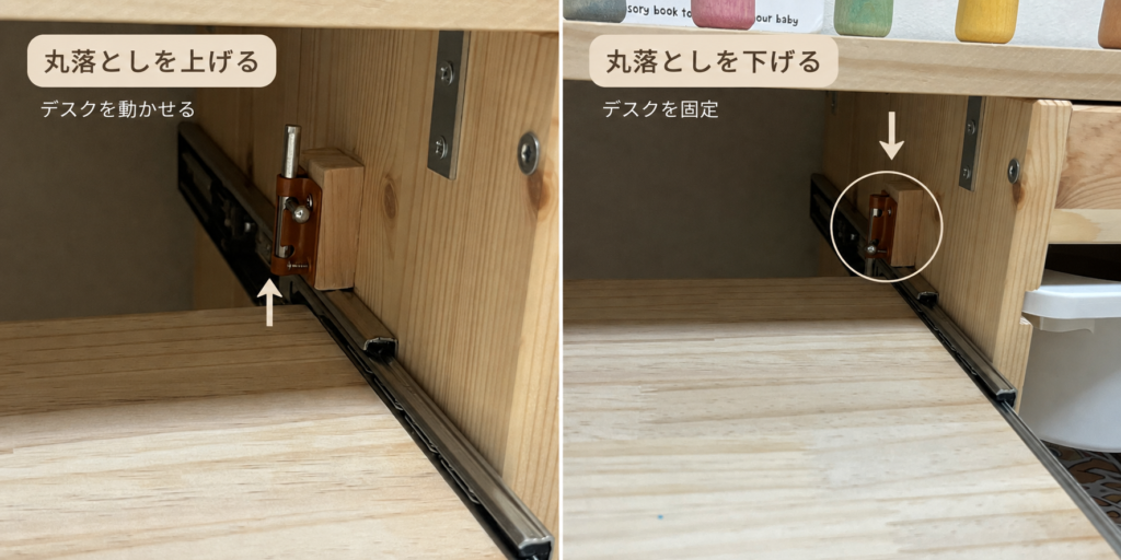 スライド式キッズデスクを引き出した状態で固定するために後付けした丸落とし